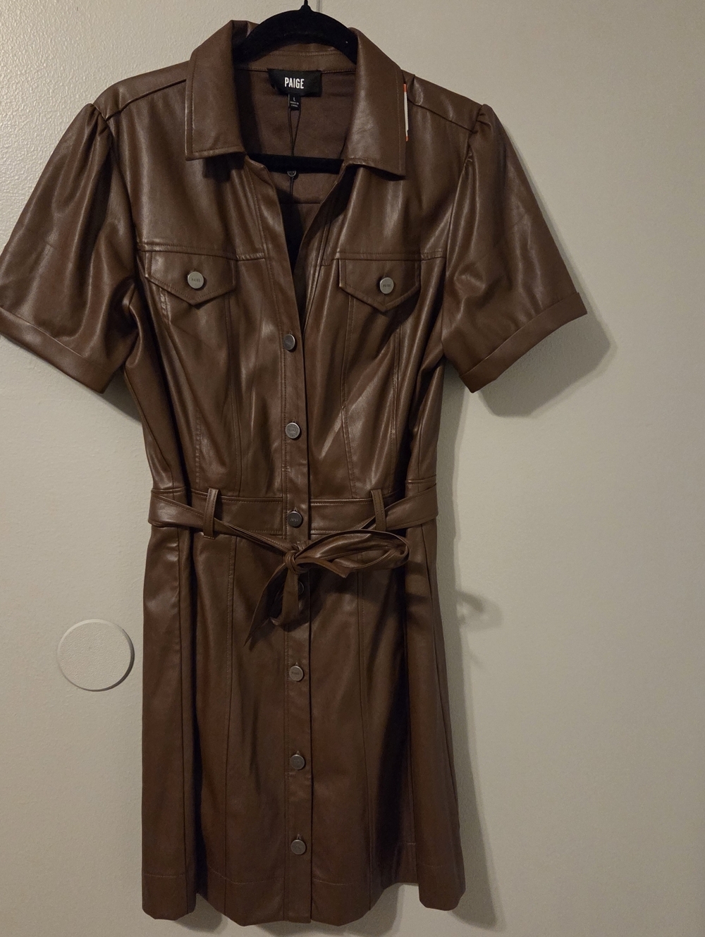 PAIGE Womens Brown Amina Faux Leather Button Front Mini Shirt Dress Sz L - Picture 5 of 11